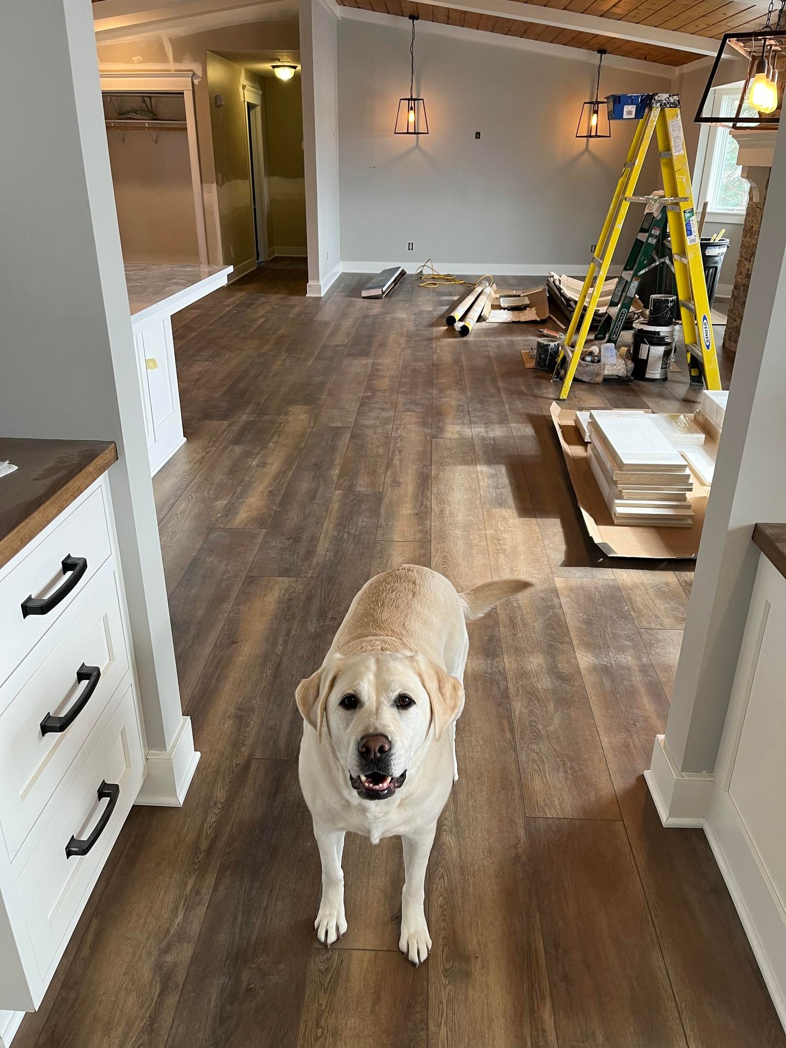 Dark brown luxury vinyl plank flooring being installed in a kitchen during renovation with white cabinetry and construction equipment visible.