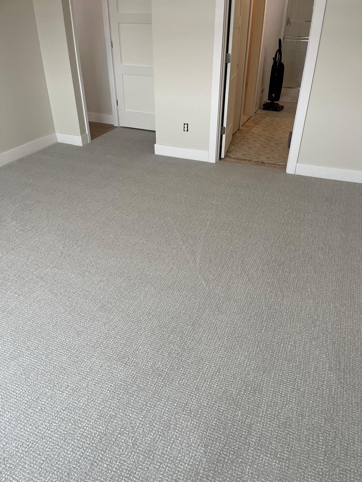 Gray textured carpet installed in a bedroom with white trim and doorways.