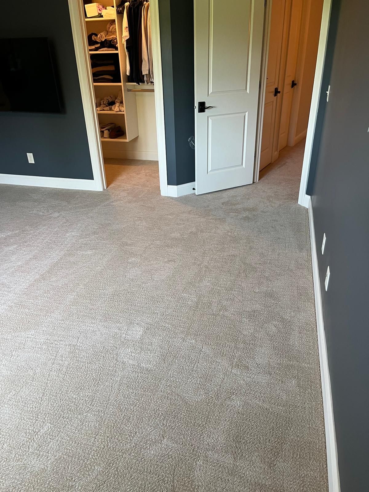 Newly installed light beige carpet in a bedroom with gray accent wall and white closet doors.