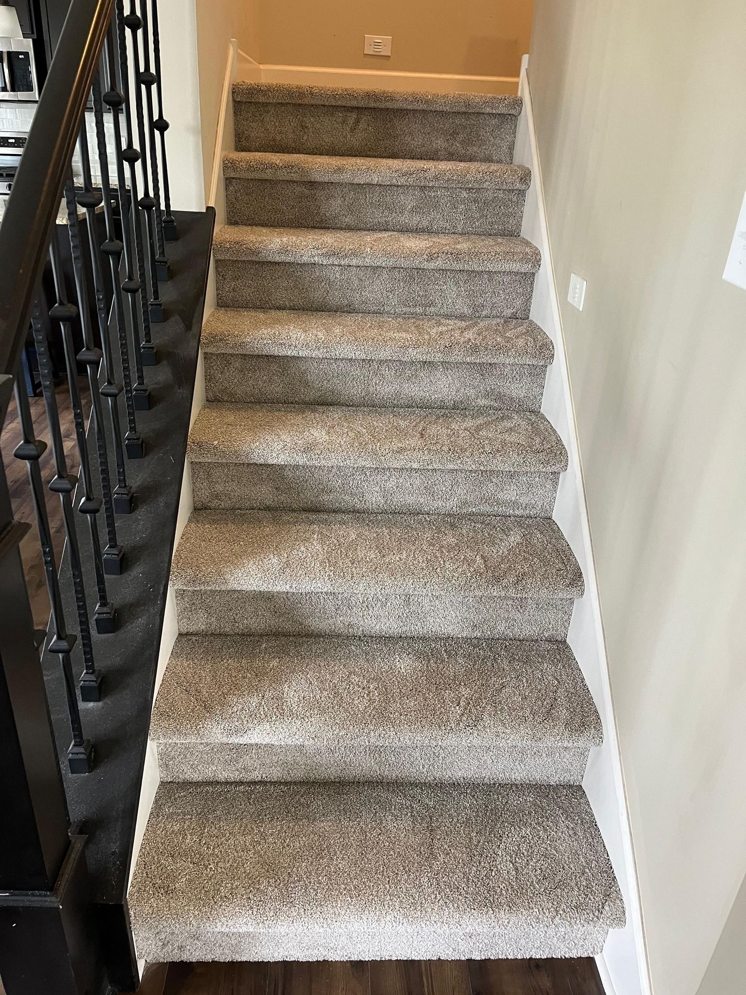 Carpeted staircase with tan and gray patterned carpet and black metal railing.