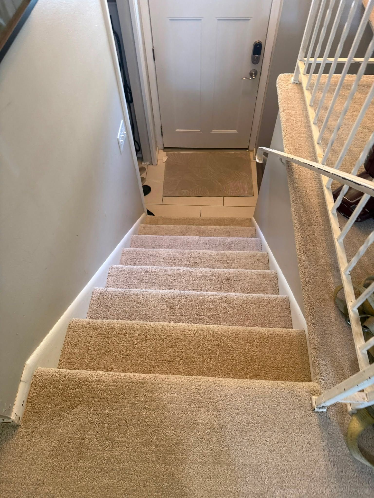 Carpeted staircase with tan carpet and white trim leading to an entry door.