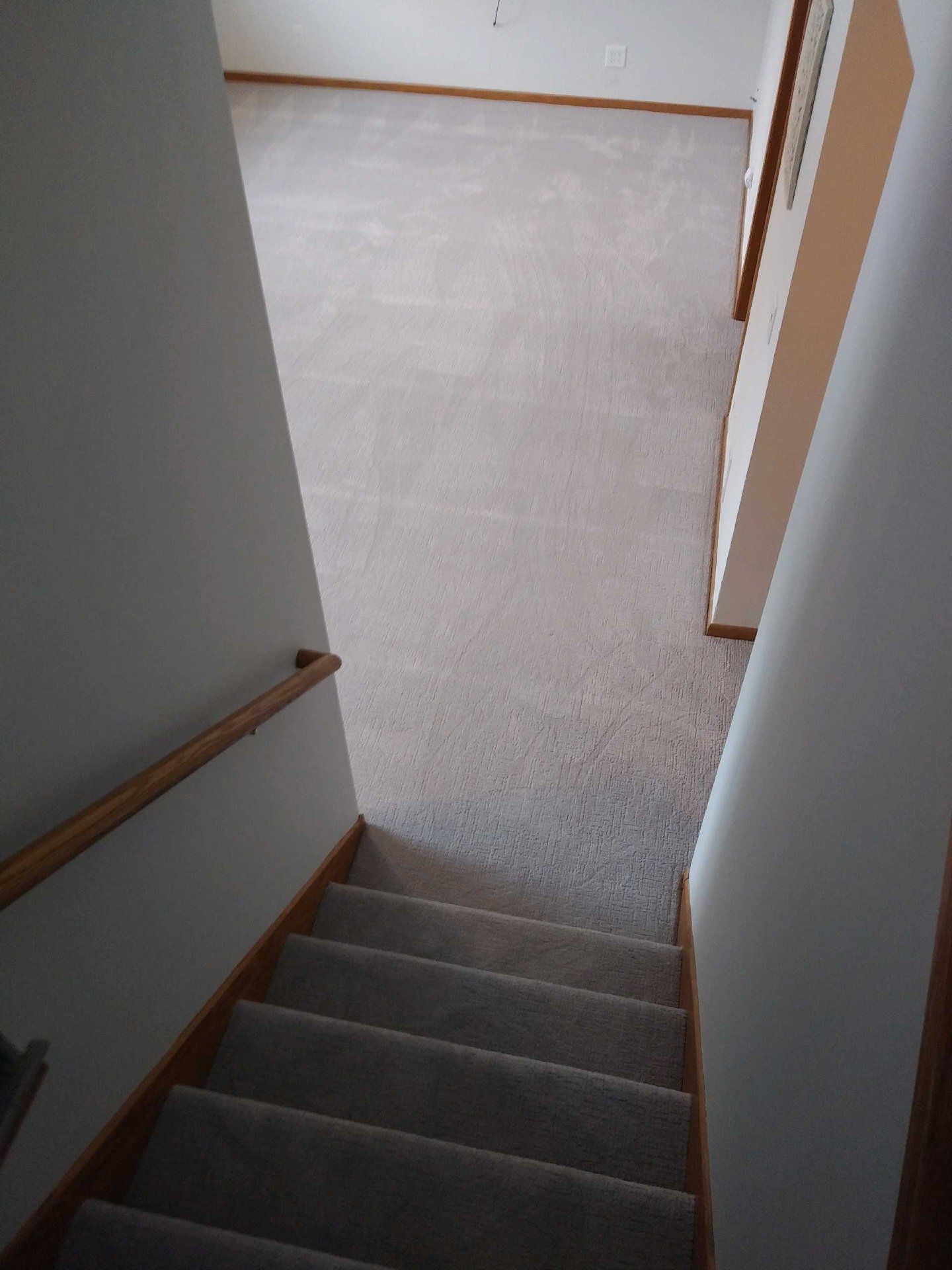 Beige carpet installed in hallway with wood stair treads visible at bottom.