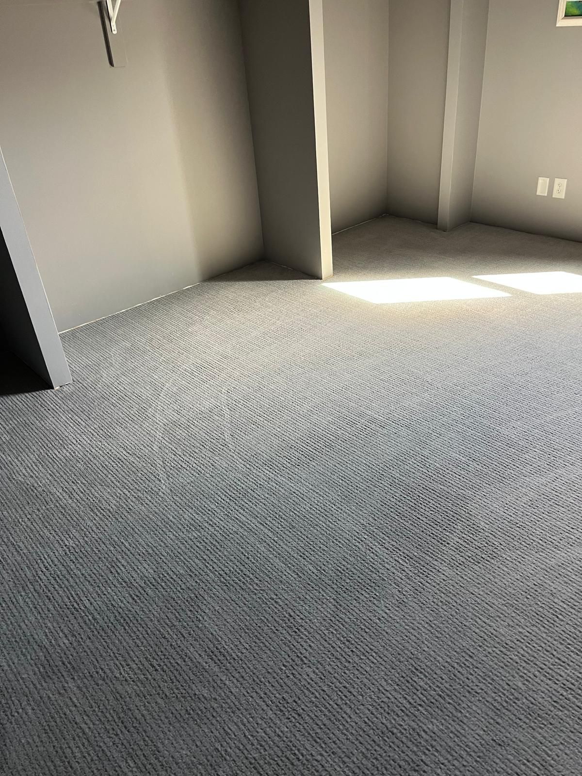 Light gray textured carpet installed in a bedroom with white walls and natural light.
