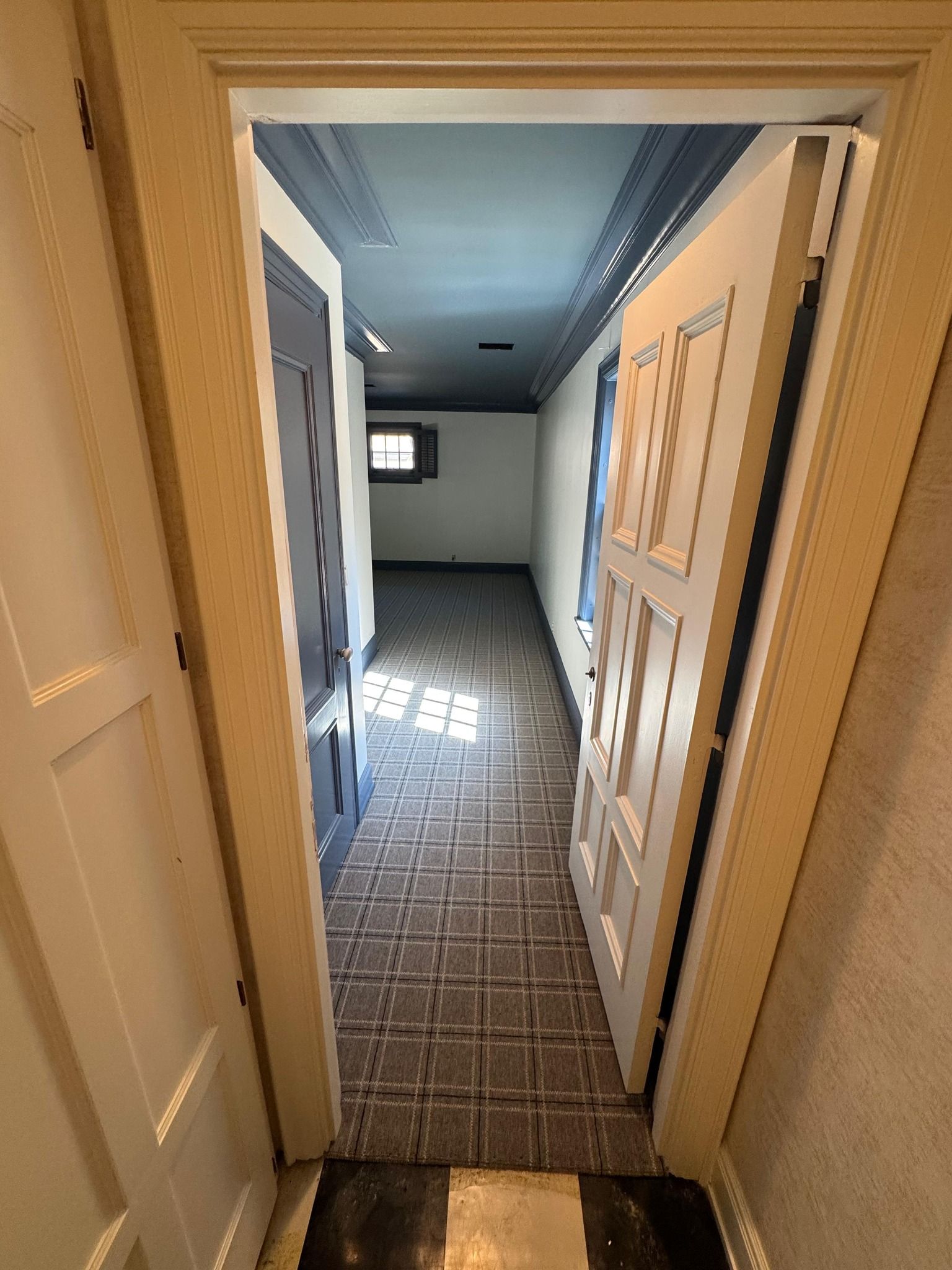 Hallway with gray and tan plaid wool carpet and multiple white doors along walls.
