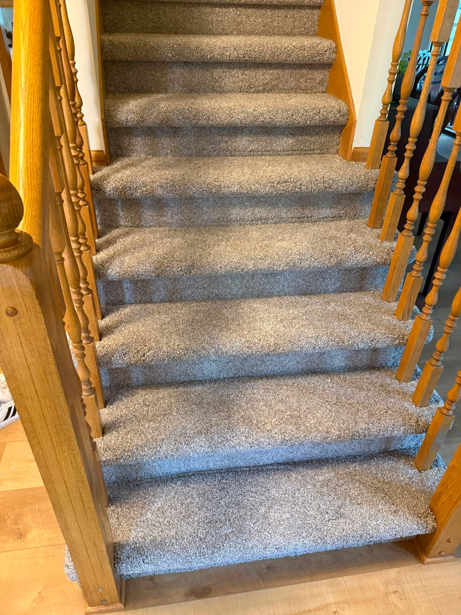 Carpet-covered staircase with wood railings and a striped carpet runner in tan and blue tones.
