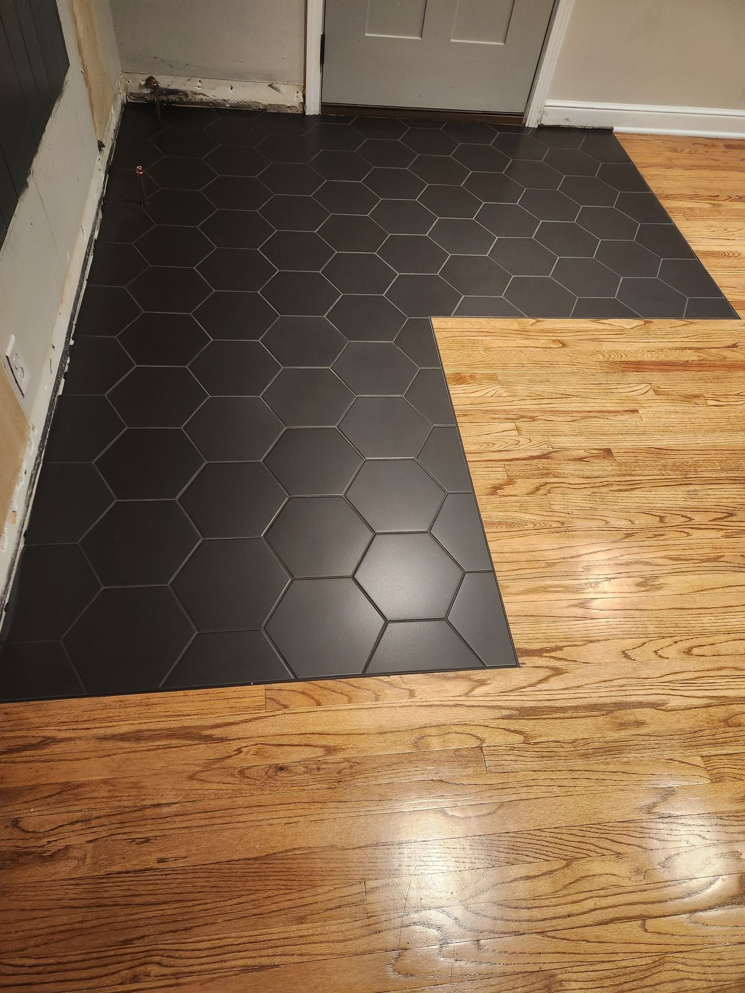 Black hexagonal tile entry with transition to wood flooring.