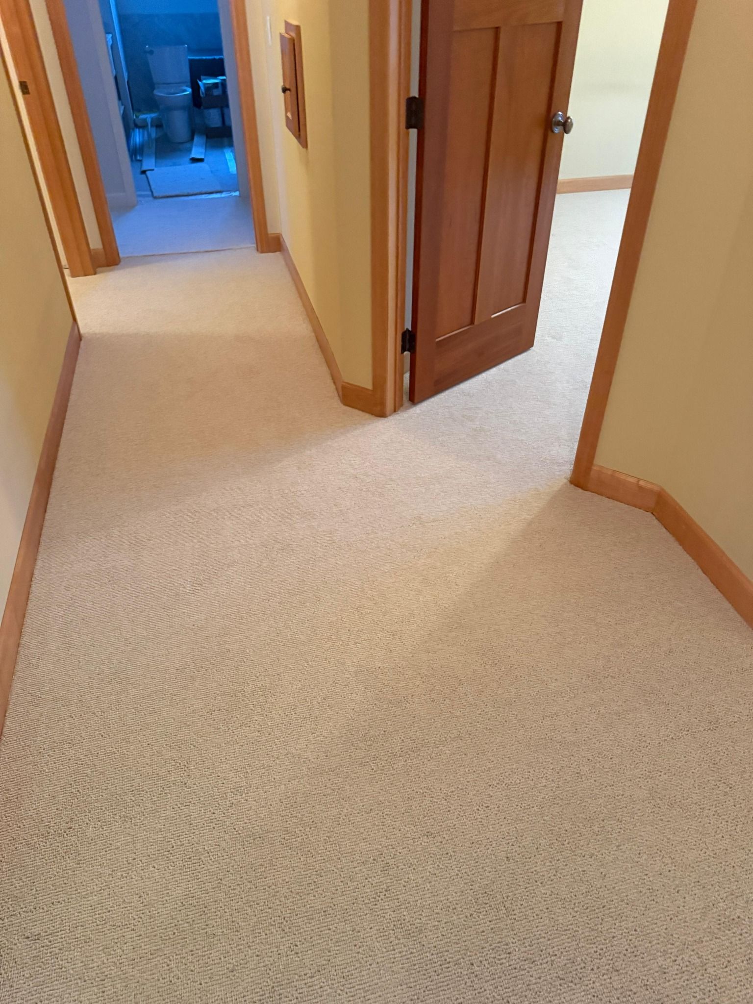 Hallway with newly installed light beige carpet and wood door frames.