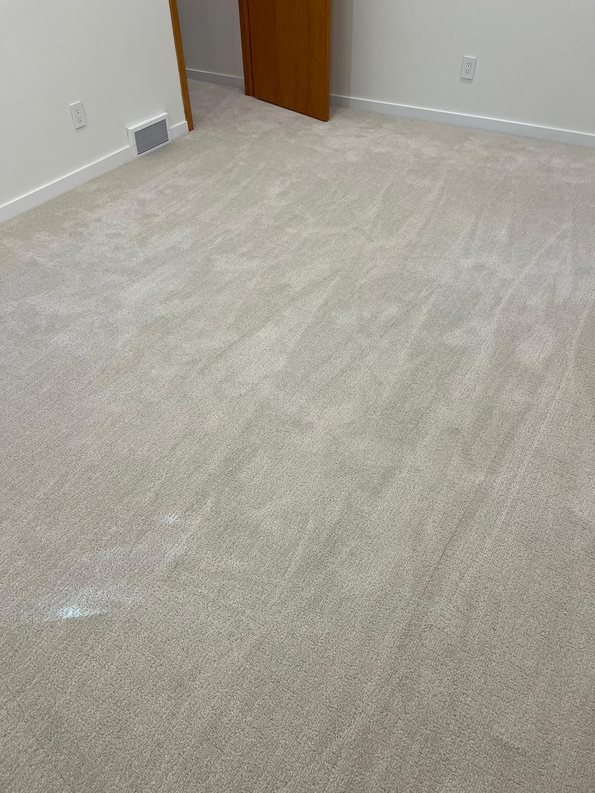 Light beige carpet installed in a bedroom with white walls and brown wood door.